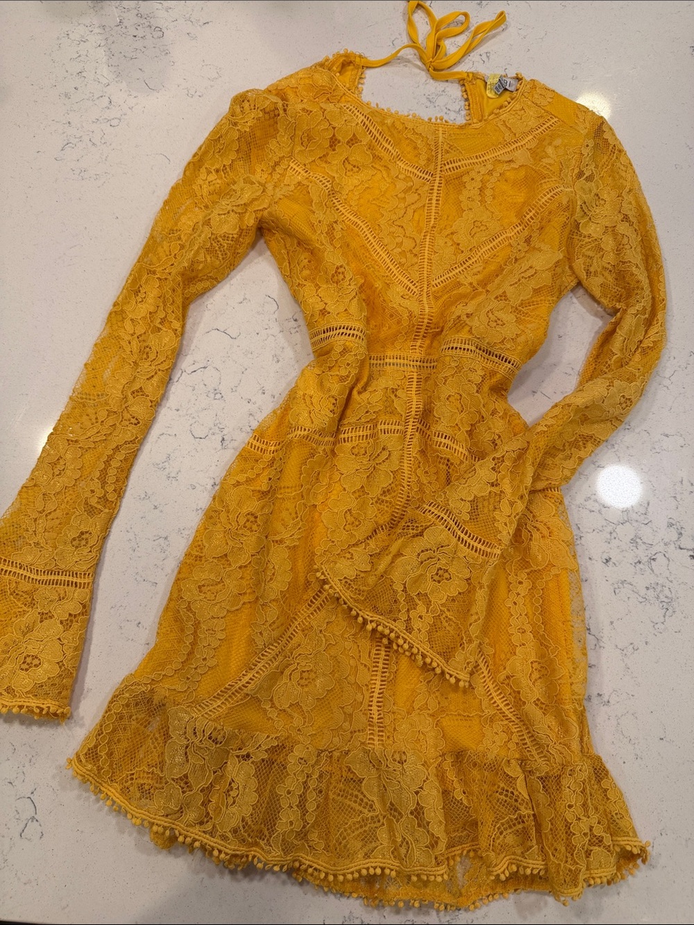 Tobi Mustard Yellow Long-Sleeve Lace Mini Dress